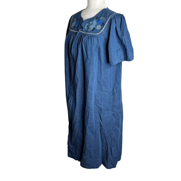 Go Softly Patio Blue Embroidered Denim Dress Small Zip Front Short Sleeves - Picture 3 of 6